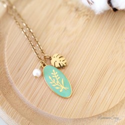 Collier pendentif vert menthe végétal et gris-gris - Bijou précieux 